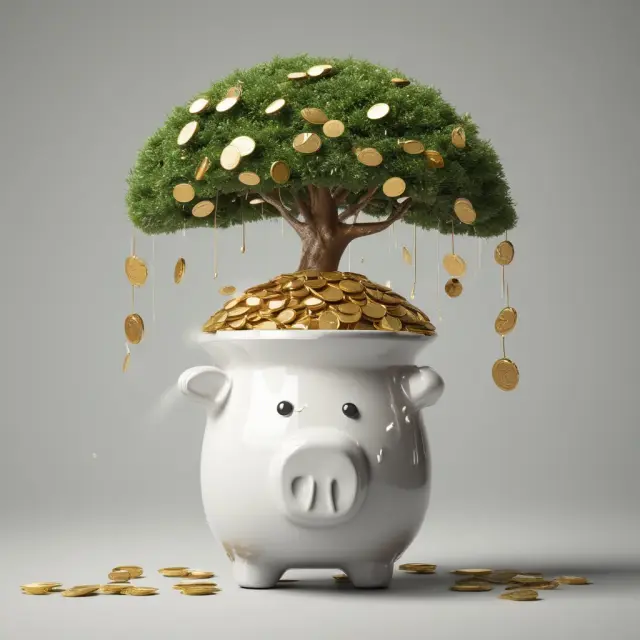 A large umbrella tree sheds gold coins over various savings pots, emphasizing the role of emergency funds in protecting against financial uncertainties and unexpected expenses.