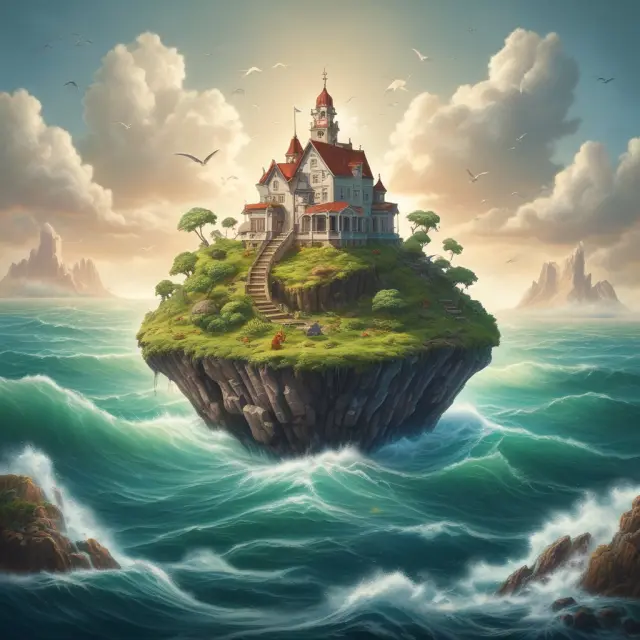 An island with a tree representing an emergency fund, growing amidst turbulent financial waters, symbolizing its maintenance during inflation