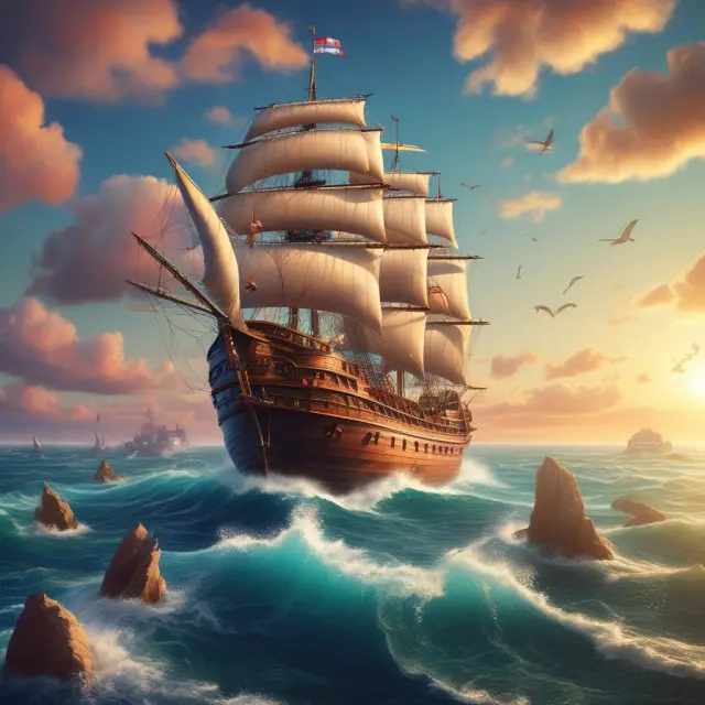 An institutional investor navigating a ship through a body of water, representing the emerging industry landscape, filled with potential investment opportunities (islands) and challenges (storms).