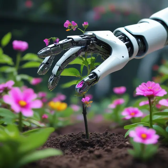 A robot hand tenderly sows seeds in an AI garden, illustrating the growth and investment potential of emerging industries such as AI and robotics.