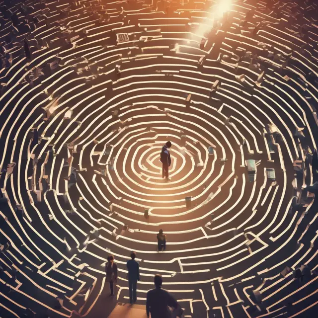 An investor standing in a maze made of cutting-edge technology symbols, aided by advisors and experts.