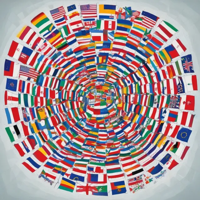 Flags symbolizing various emerging markets swirl amidst a stormy sky, representing political instability, currency volatility, and infrastructure challenges.