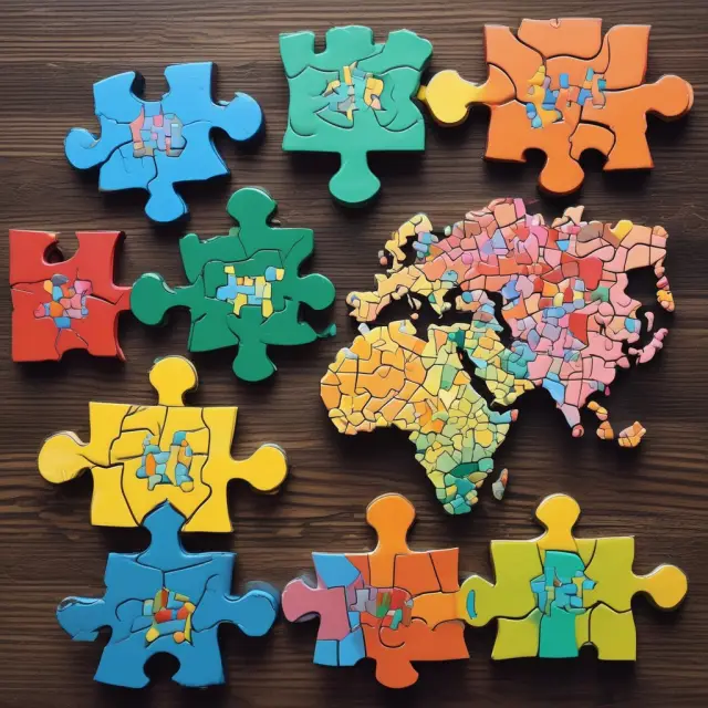Five puzzle pieces depicting Brazil, Russia, India, China, and South Africa, illustrating the diverse opportunities within BRICS emerging markets.