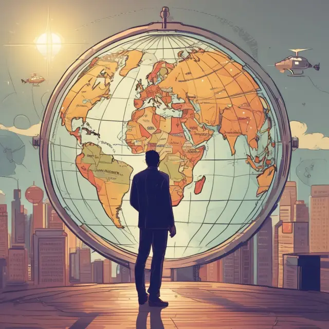 An investor holding a compass with common FAQs as compass points, sailing through a map of the world depicting emerging markets