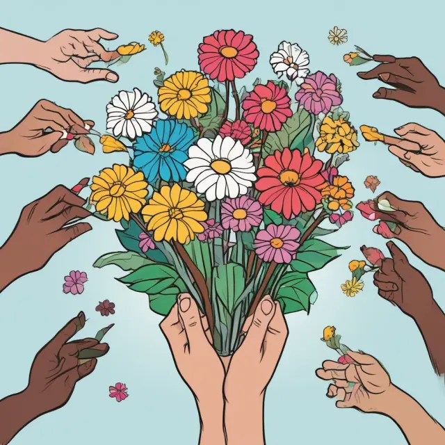 A hand representing ETFs and another representing mutual funds reaching for a colorful bouquet of flowers that symbolize diverse emerging markets investments.
