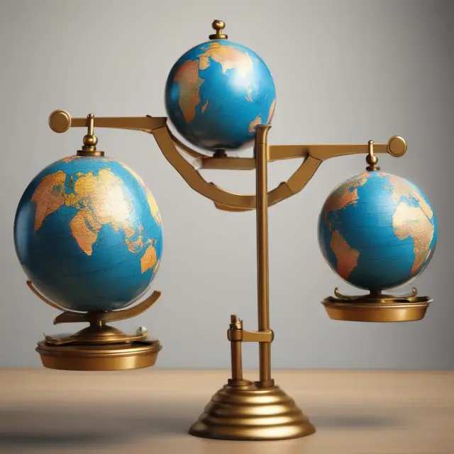 A balance scale with three globes representing the MSCI World, Emerging Markets, and All Country World Indexes to showcase their relative sizes.
