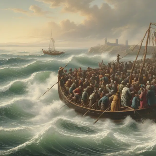 An image of emigrants sailing away with immigrants waving on the shore, depicting transformation through migration