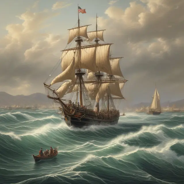 Sailing boat leaves harbor, representing emigrants