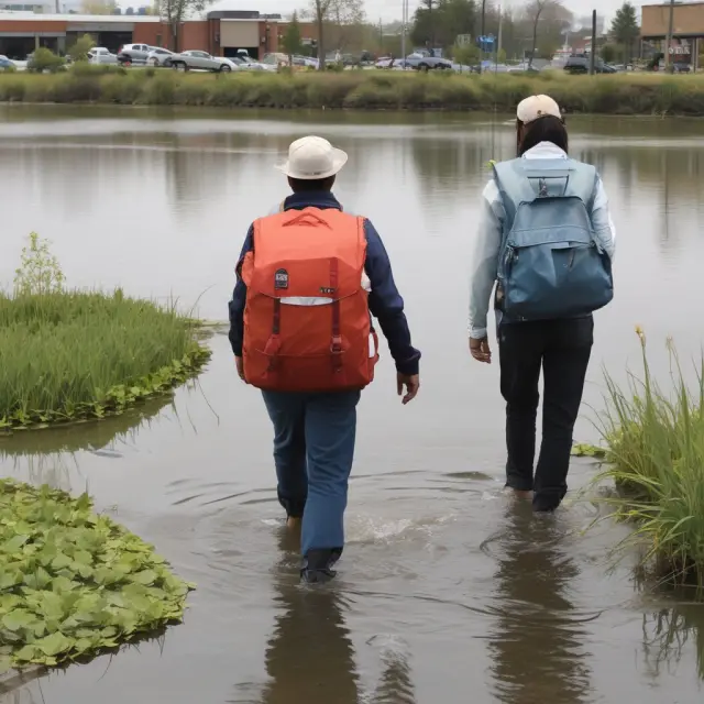 An immigrant worker wading into a job market, causing ripples that spread outwards, representing the impact on wages and employment opportunities