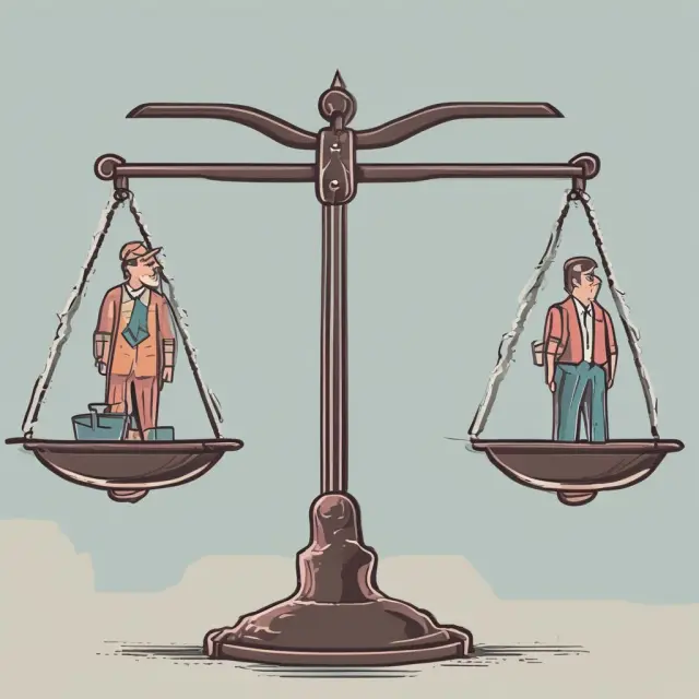 A balance scale with immigrants on one side and native-born workers on the other, symbolizing the U.S. immigration policy