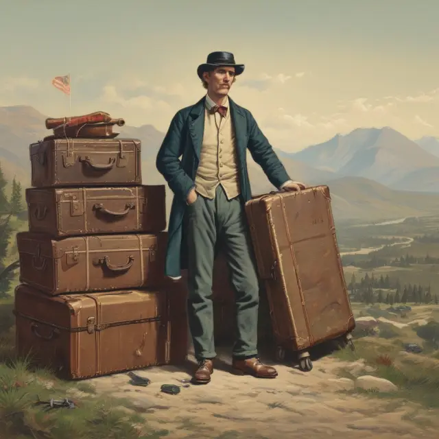 An emigrant packing a suitcase filled with various skills, with a globe in the background symbolizing international trade and economic growth