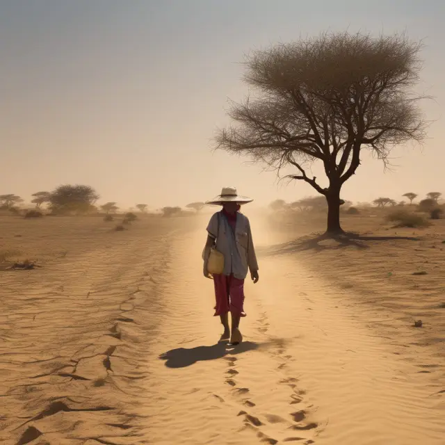 Migrant families journeying from desertified land to lush new home countries