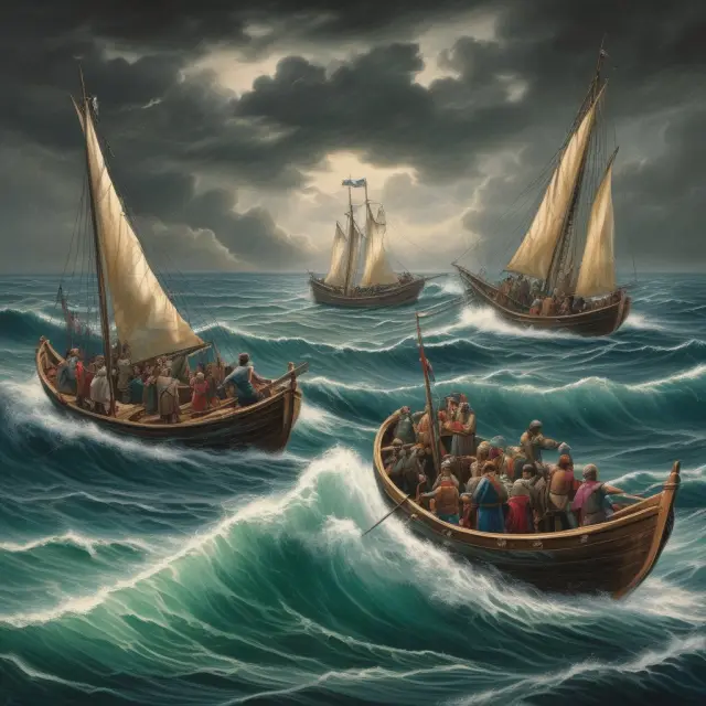 A scene of people embarking on boats to emigrate from stormy economic waters, highlighting the impact of economic downturns on migration
