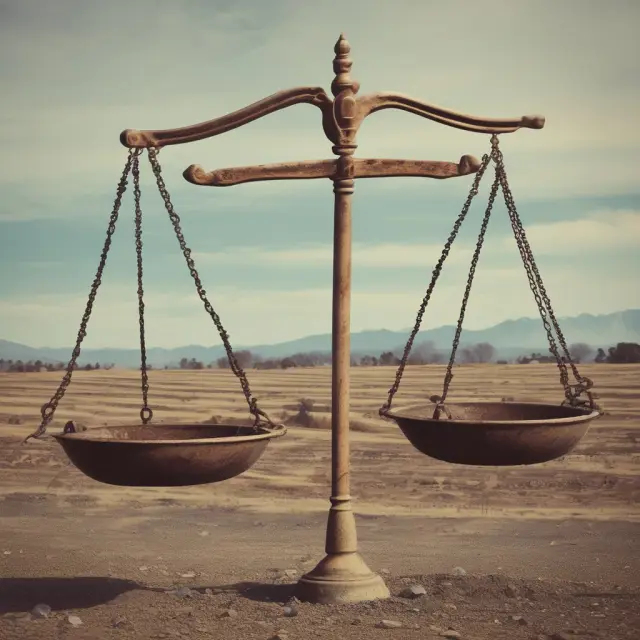 A set of fair scales balanced between a golden land parcel, symbolizing property ownership, and the scales of justice. The image illustrates the concept of fair compensation in eminent domain cases.