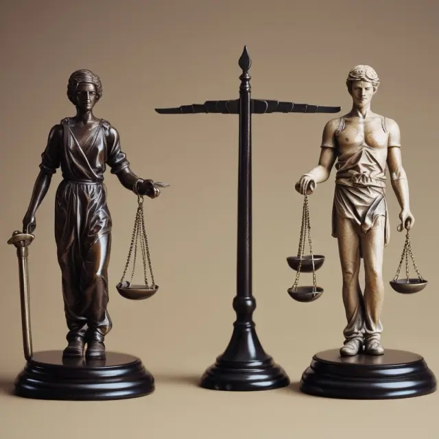 Two sets of scales illustrating legal precedents (Kelo v. New London and Penn Central Transportation Co.) influencing the interpretation of eminent domain laws.