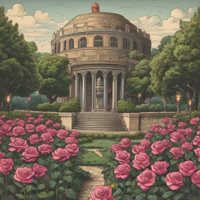 A colorful garden filled with blooming roses representing questions. An expert holds a book, answering queries from concerned citizens regarding eminent domain.