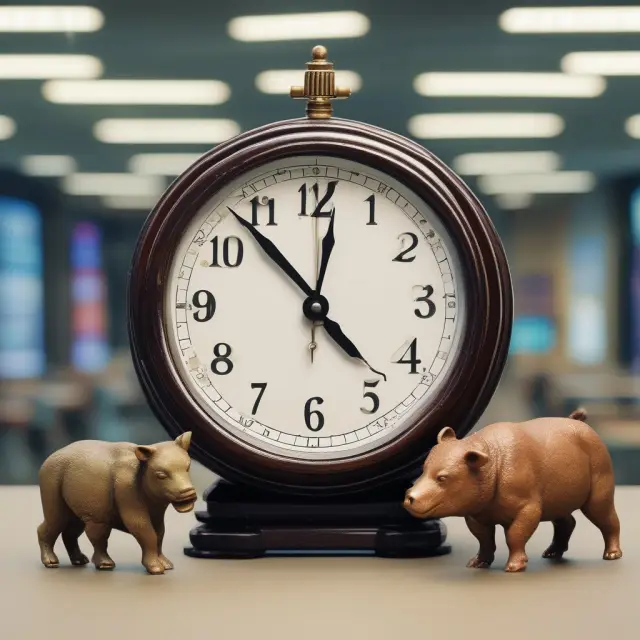 Two miniature bull and bear figures trading on a non-stop 24-hour clock representing the E-mini S&P 500.