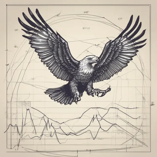 An eagle flying above E-mini charts, demonstrating spread trading (crossed arrows), scalping (quick wings flaps), and swing trading (long steady glide)