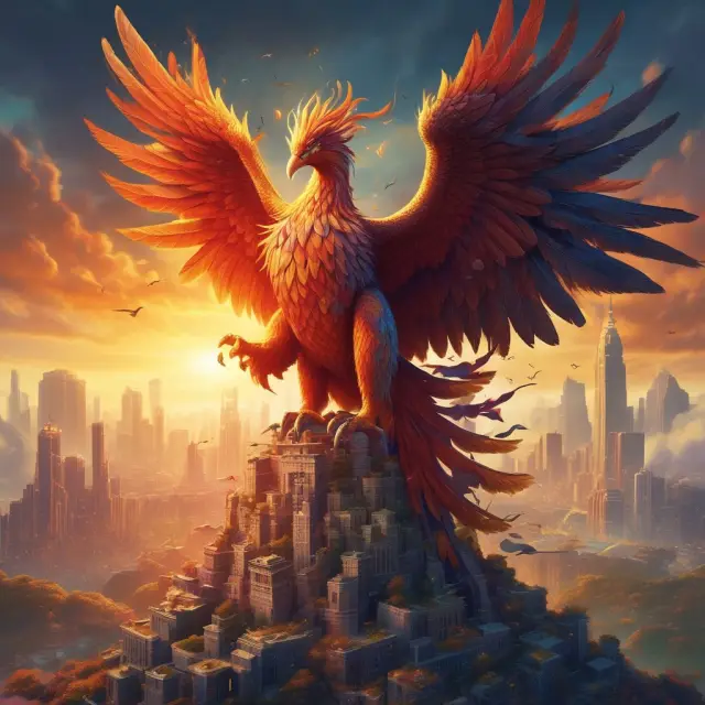 A phoenix bird soaring above a nest made of intertwined business logos, representing the growth and expansion of corporations through strategic mergers and acquisitions.