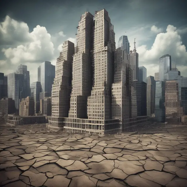 A sprawling, majestic corporate empire with cracks appearing in its foundation, symbolizing conflicting interests between management and stakeholders