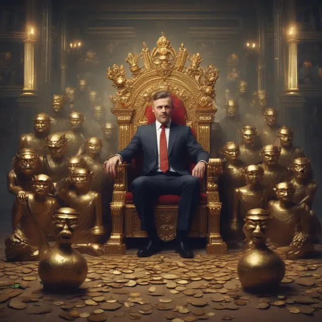 Middle manager seated on throne with staff bowing, abundant gold coins nearby indicating resource misallocation in empire building.