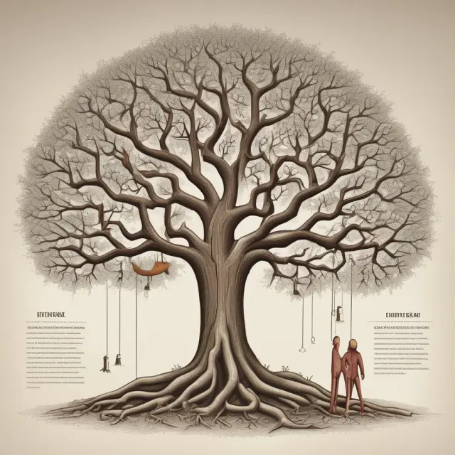 Three interconnected trees symbolizing successful family empires: Walmart, Mars chocolate, and Thomson Reuters