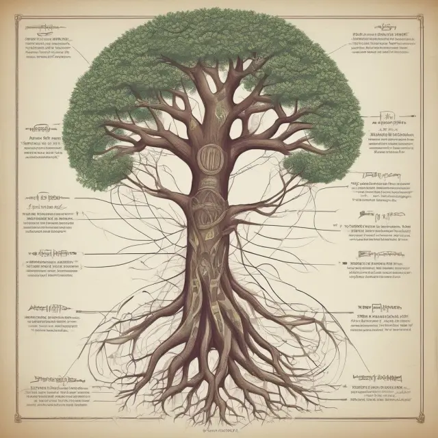 Family tree symbolizing empire building in corporate finance, featuring branches intertwined with influential corporations