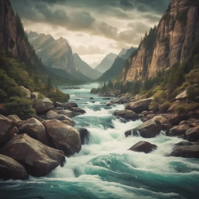A winding river representing the Empirical Rule flows through diverse financial markets, encountering challenges as normal distribution waves crash against rocks.