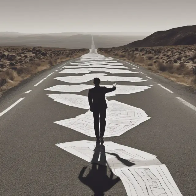 An entrepreneur stands at a crossroads, consulting a map and piles of papers, symbolizing the EIN application process and decision-making.