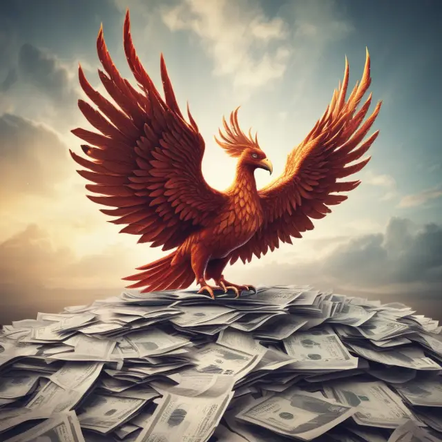 Phoenix emerging from paperwork stack with the text 