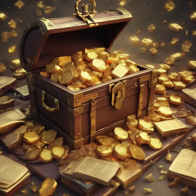 Golden treasure chest brimming with documents and links, representing wealth of information on business resources