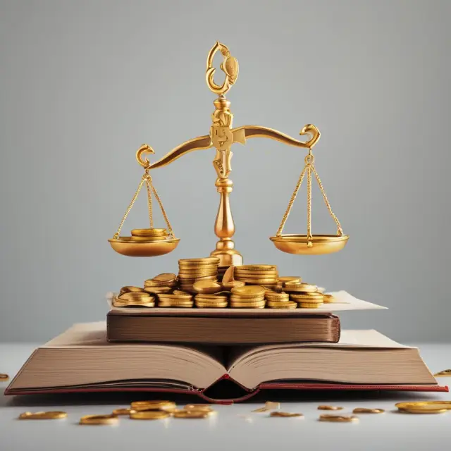 A golden rain of coins pours onto the scales of justice from a rooftop, representing employers