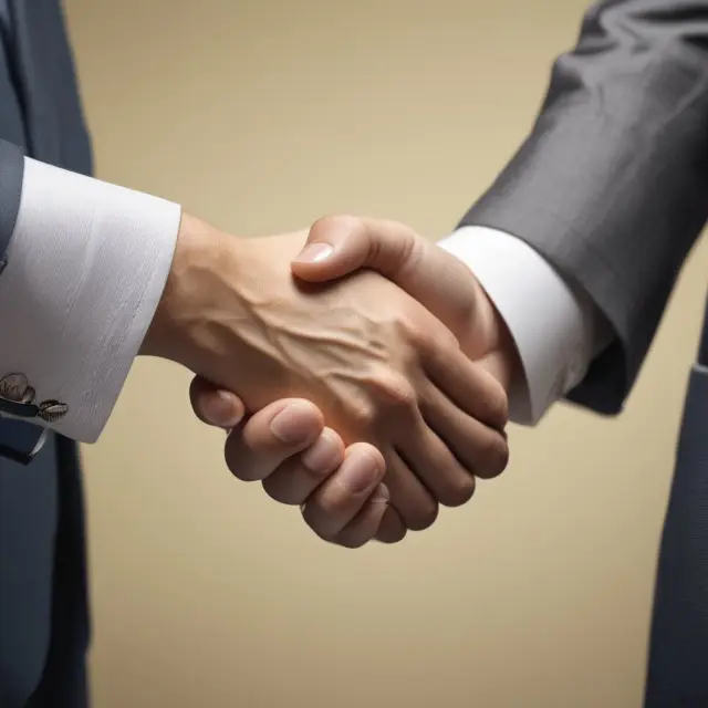 An employer extending a golden handshake to a recruitment agency, illustrating the successful negotiation of employment fees