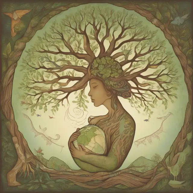 Mother Nature holding a map representing Employment Insurance (EI), with branches for birthing, parental care, sickness benefits, and compassionate care