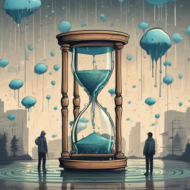 An hourglass filled with droplets representing EI benefits, with each region