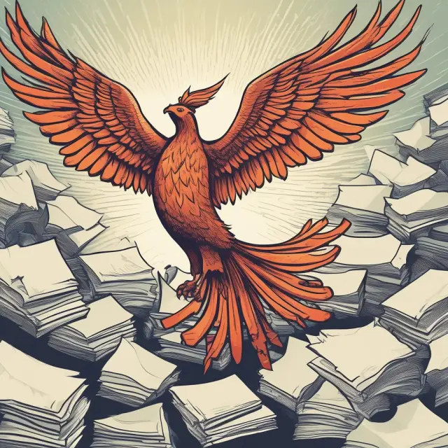 Phoenix rising above job application papers and charts, illustrating EI