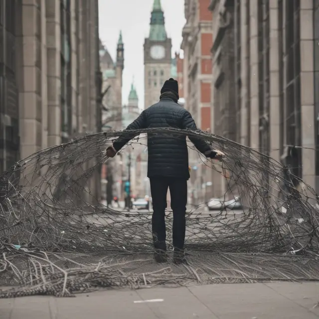 A large, intricate web with threads symbolizing EI benefits intertwined, supporting Canadian individuals in times of need