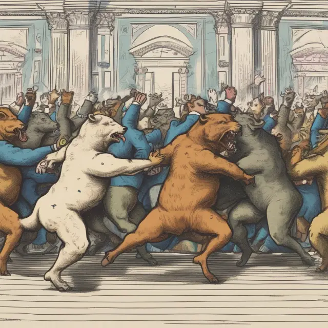 European countries in harmony: Bulls (stability) and Bears (volatility) dancing on the European Monetary System stage, emphasizing economic cooperation through monetary stability.