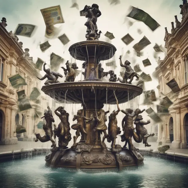A lively scene of European currencies gathered near a beautiful ECU fountain, representing the Exchange Rate Mechanism and European Currency Unit fostering currency stability.