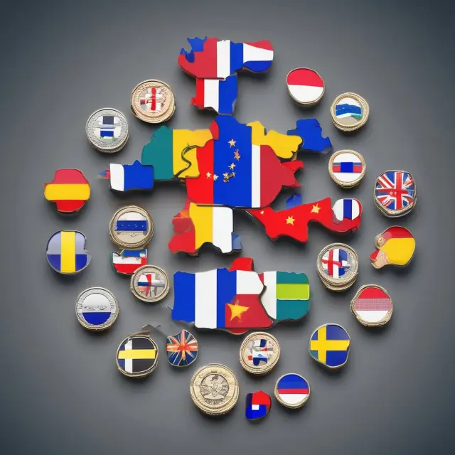 Flags of various European Union member states forming a Euro coin, reflecting the monetary unity among EU countries.