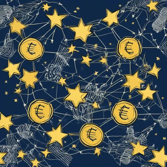 A starry night sky filled with EU flags and interconnected golden Euros, representing European Union unity and the Eurozone
