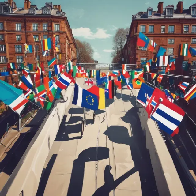 An image of a beautiful bridge connecting various European flags, representing the unity within the European Economic and Monetary Union (EMU) as it faces both challenges and opportunities