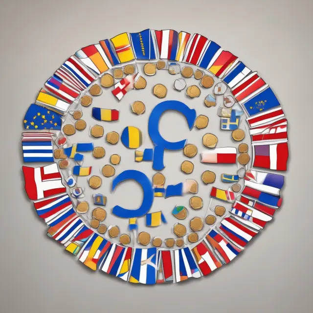 European Union member states interconnected, forming a tapestry with interchangeable Euro coins and national flags, symbolizing unity, economic cooperation, and the Eurozone within the EU
