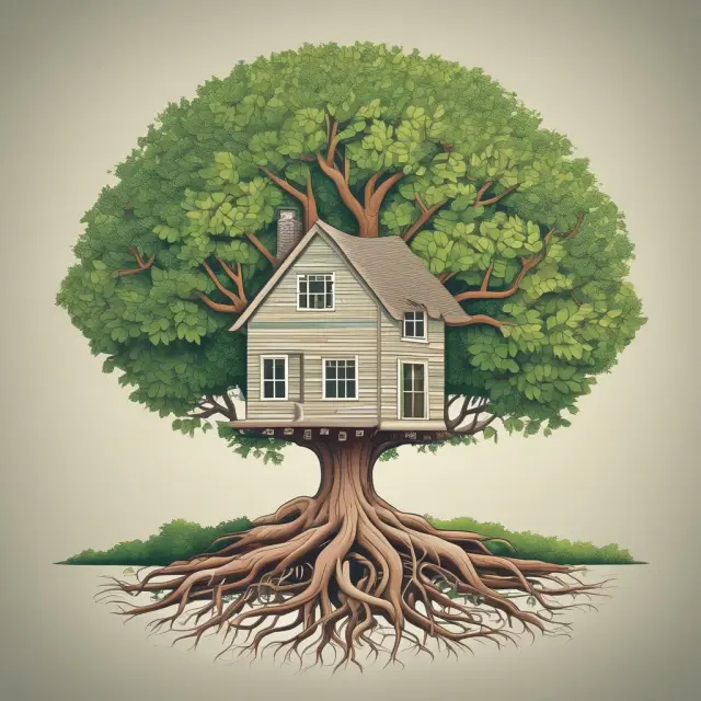 A sturdy tree symbolizes the mortgage partnership between a borrower and a lender. Roots intertwine, illustrating their shared investment in real estate.