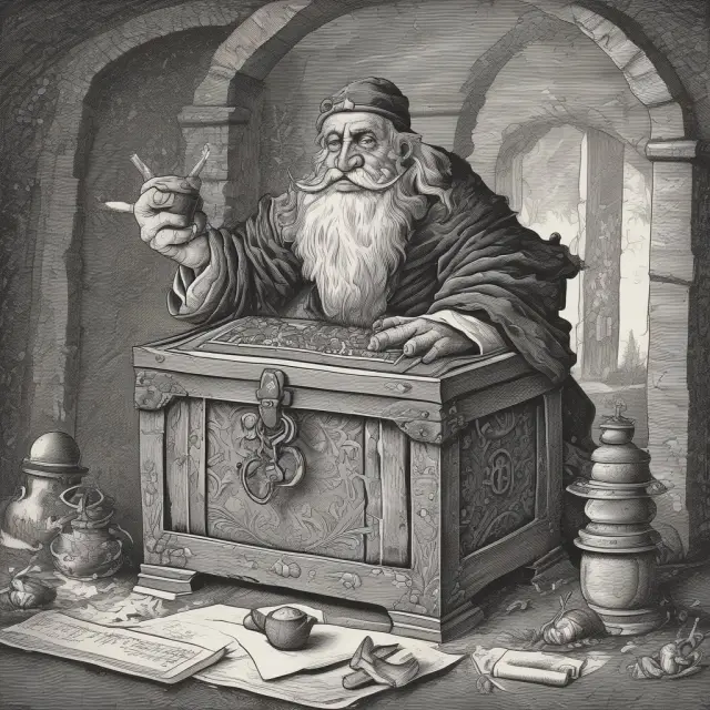 Accountant managing funds with an encumbered treasure chest, emphasizing financial responsibility and accurate record-keeping