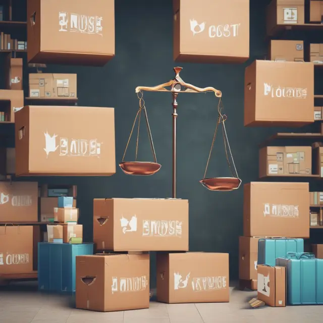 Scales balance e-commerce boxes as logistics solutions flow underneath, illustrating the cost benefits of end-to-end services