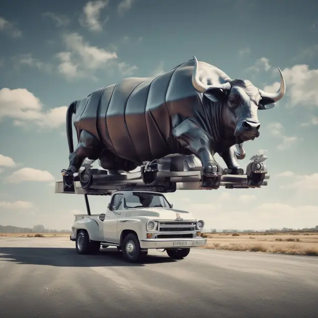 A strong bull carrying a car represents logistics and transportation industries providing end-to-end solutions, enhancing supply chain efficiency.