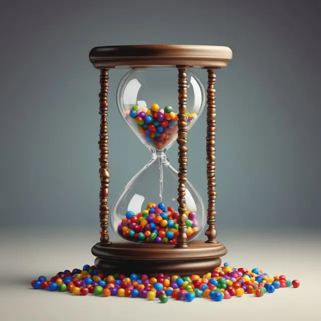 Hourglass symbolizing endogenous variables releasing knowledge beads into a bowl of opportunities, representing their influence on economic outcomes