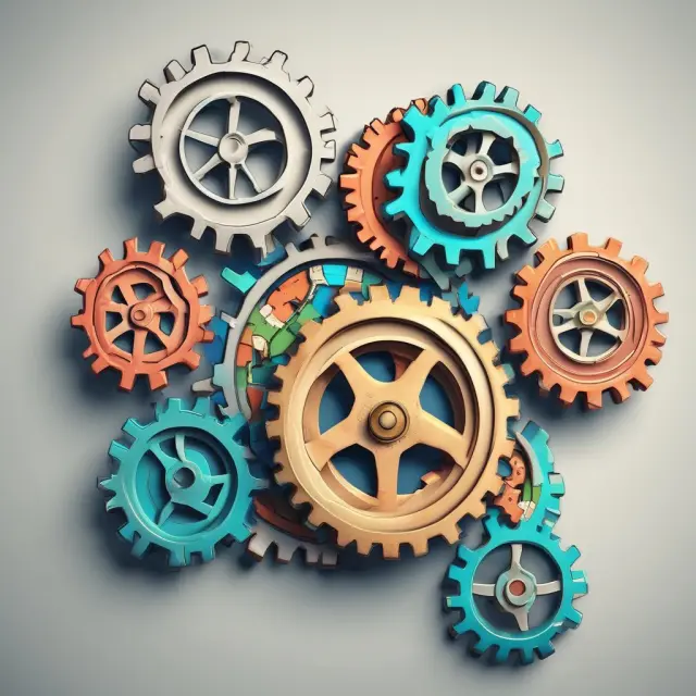 Four interlinked gears symbolizing human capital, innovation, investment capital, and government policies in action, driving economic growth within an endogenous growth theory framework.