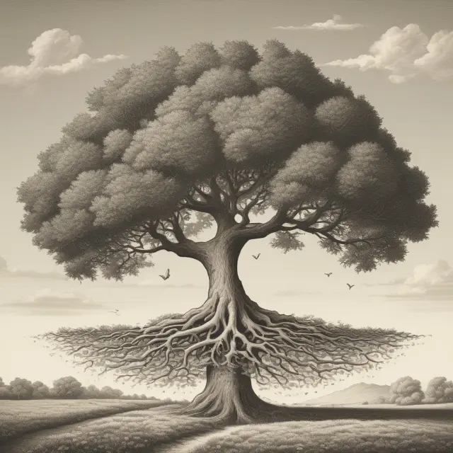 A tree growing endlessly from a single seed, symbolizing the emergence and impact of Endogenous Growth Theory in economics.